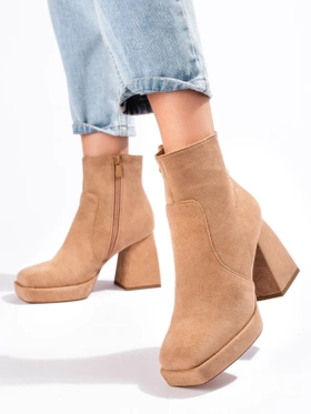 Beige Ankle Boots with Wide Block Heel