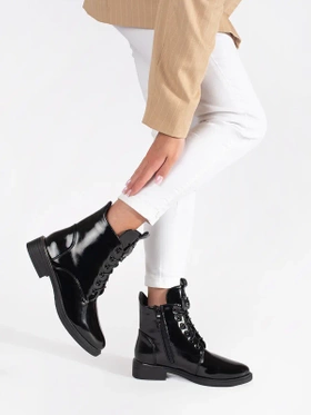 Lace-up black ankle boots made from patent faux leather