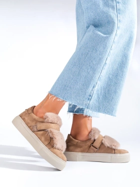 Beige Suede Sneakers with Faux Fur