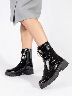 Glossy Black Ankle Boots with Decorative Zipper