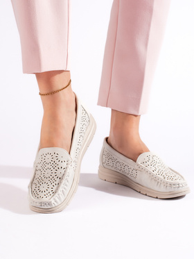 Lace-Patterned White Loafers