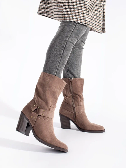 Suede Dark Beige Block Heel Ankle Boots