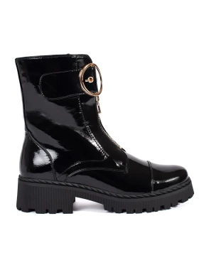 Glossy Black Ankle Boots with Decorative Zipper