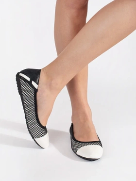 White and Black Mesh-Adorned Ballet Flats