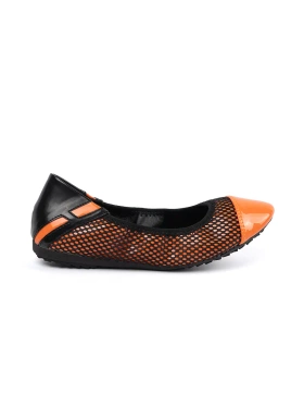 Orange ballet flats with black mesh