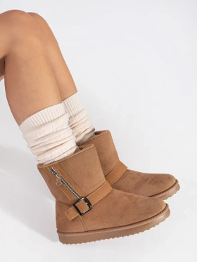 Beige Snow Boots with Decorative Buckle and Zipper