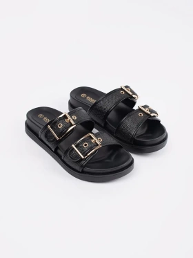 Black flat flip-flops with buckles