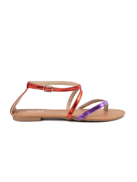 Flat sandals with purple-red straps