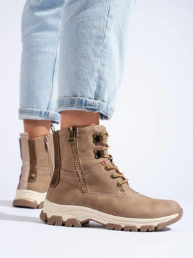 Lace-Up Ankle Boots with Decorative Zipper in Dark Beige