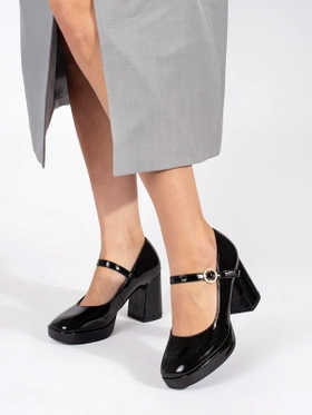 Glossy Black Buckle Heel Loafers