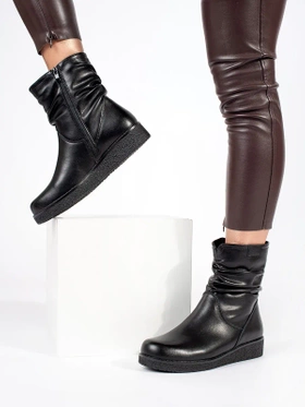 Black Leather Ankle Boots with Low Wedge and Ruched Shaft by Sergio Leone