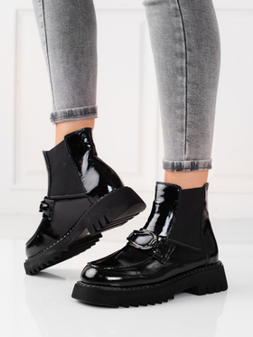 Glossy Black Leather Platform Ankle Boots