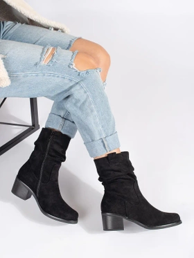 Black Cowboy Style Ankle Boots with a Gathered Shaft