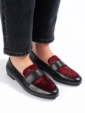 Black and Burgundy Shoes with Faux Fur Trim