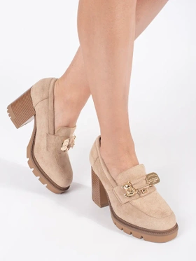 Beige Suede Heeled Shoes with Metallic Accent