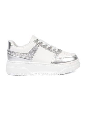 White silver sneakers with shimmering details