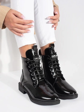 Lace-up black ankle boots made from patent faux leather