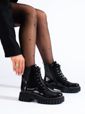 Lace-up Ankle Boots with Decorative Upper in Black Patent