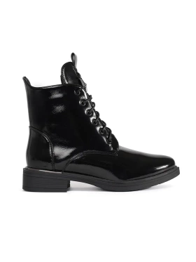 Lace-up black ankle boots made from patent faux leather