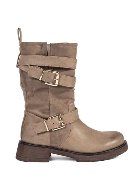 Beige Low-Heel Ankle Boots with Buckles