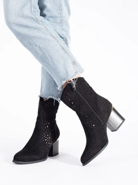 Black Lattice Cowboy Ankle Boots with Block Heel