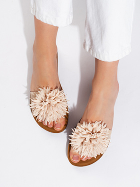 Beige Flower-Adorned Slide Sandals