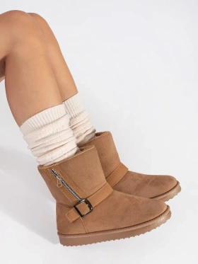 Beige Snow Boots with Decorative Buckle and Zipper