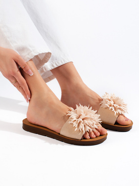 Beige Flower-Adorned Slide Sandals