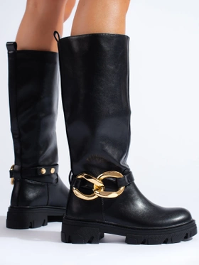 Black Chain-Detail Faux Leather Boots