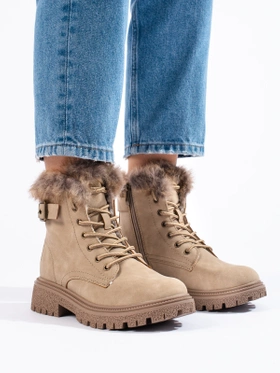 Beige Ankle Boots with Faux Fur