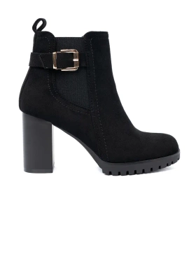 Black block heel ankle boots with decorative buckle