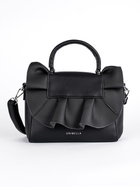 Black handbag with decorative ruffle