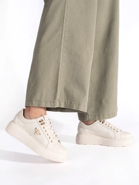 Beige Leather Platform Sneakers