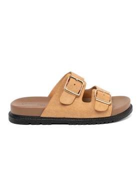 Caramel Women's Slippers with Gold Buckles