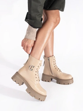 Beige Leather Ankle Boots with Chunky Sole