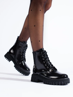 Lace-up Ankle Boots with Decorative Upper in Black Patent