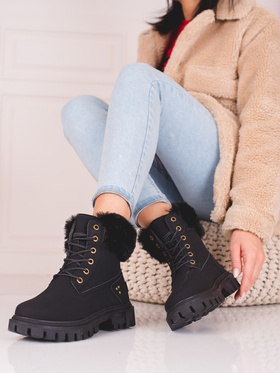 Black Ankle Boots with Faux Fur Trim